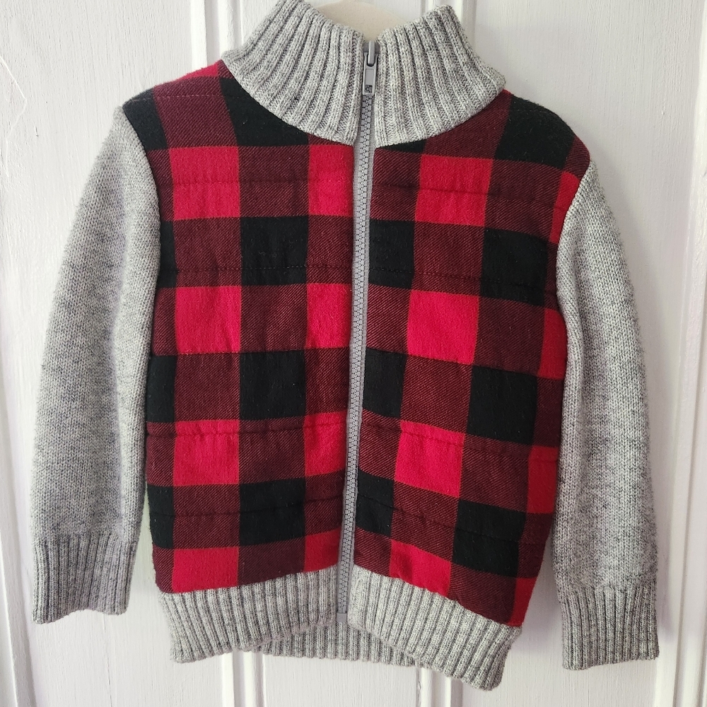 Cat & Jack Buffalo Plaid Sherpa lined knit zip-up sweater- 2T